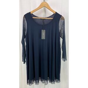 NWT COMFY USA M Mia Tunic Top Sheer Mesh 3/4 Sleeve Scoop Neck Lined Navy Blue